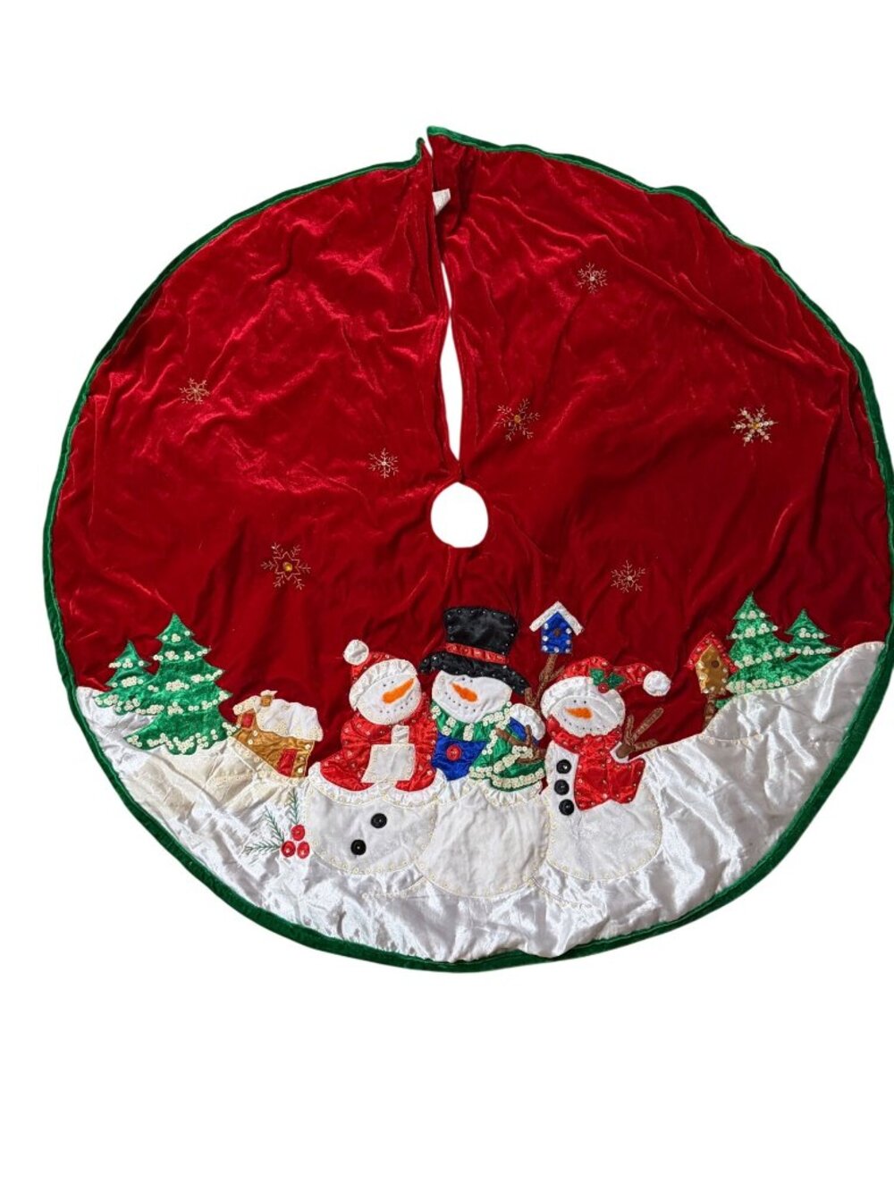 Velvet Snowman Christmas Tree Skirt 48" Red Green White Sequin Embroidery Holida